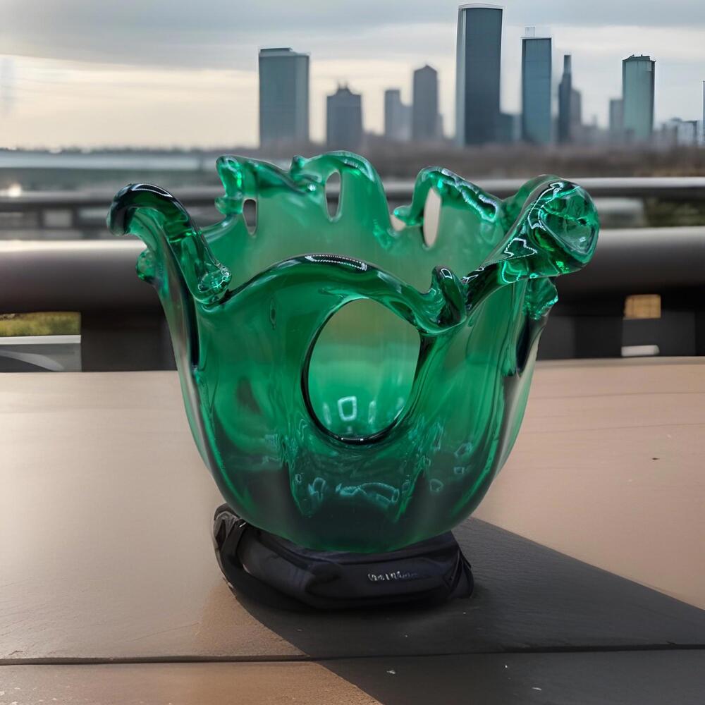 Italian White Crystal Glass Vase Blue Emerald Green 8 inches~Murano Style
